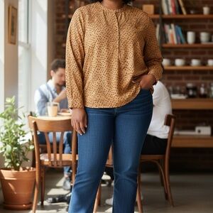 Amazon Essentials Women’s Long Sleeve Polka Dot Blouse Camel & Black Large